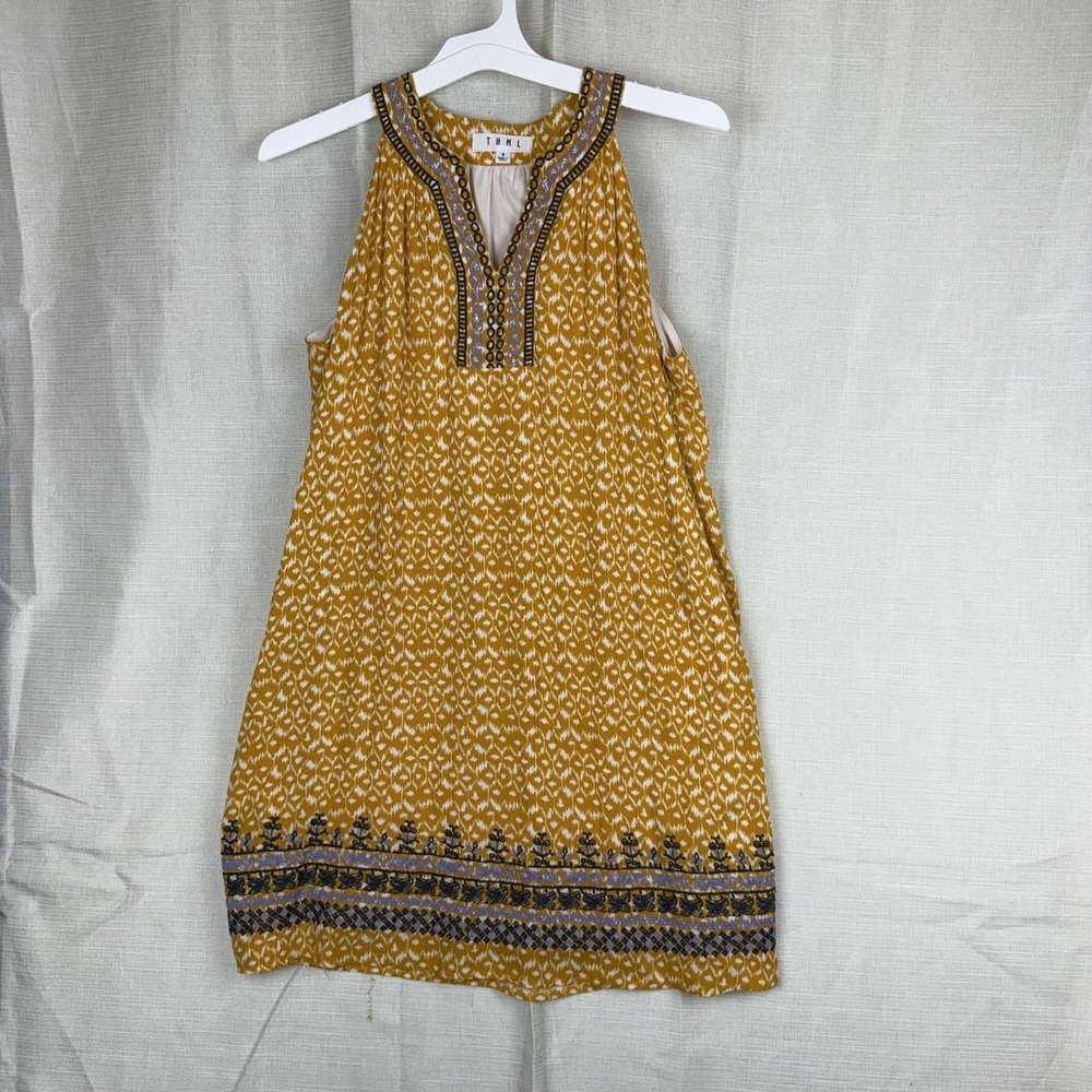 THML‎ Dress Womens Small Yellow Embroidered Halter Swing Geometric Mini Boho
